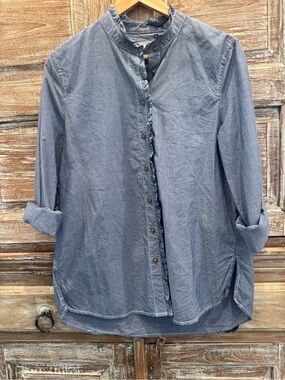 Jigsaw Chambray Ruffled Button-Up Shirt - Washed Blue Classic Old Money